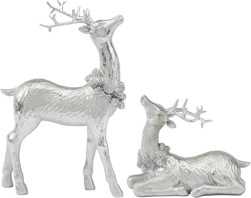 DN DECONATION Christmas Reindeer Figurines, Winter Deer Small Statues Decor, Silver Decorative Reindeer Sculptures, Resin Xmas Holiday Home Décor Accents for Office Living Room & Bedroom 2PCS - Image 1